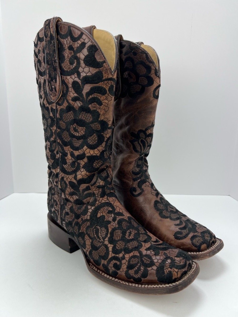 Corral E1234 Brown Black Floral Lace Leather Cowboy Boots Women 7.5 M
